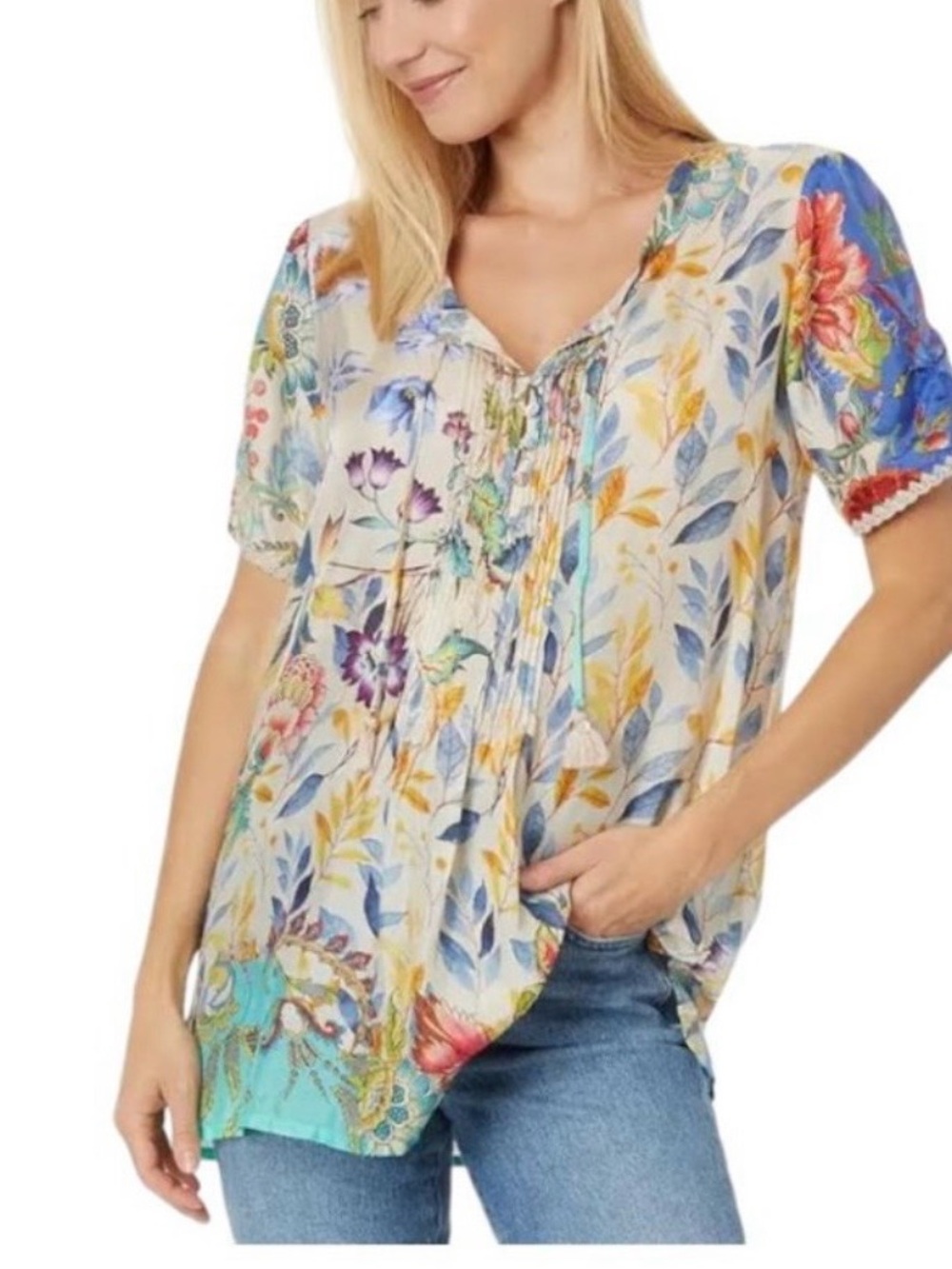 Johnny Was Floral Pintuck V-Neck Tunic in Cream, Blue and Teal